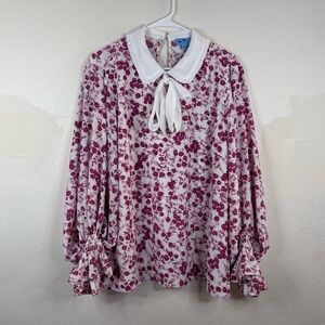Cece Ditsy Floral Blouse White Pink Sz XL Bow Girly Cottagecore Grandma Collar